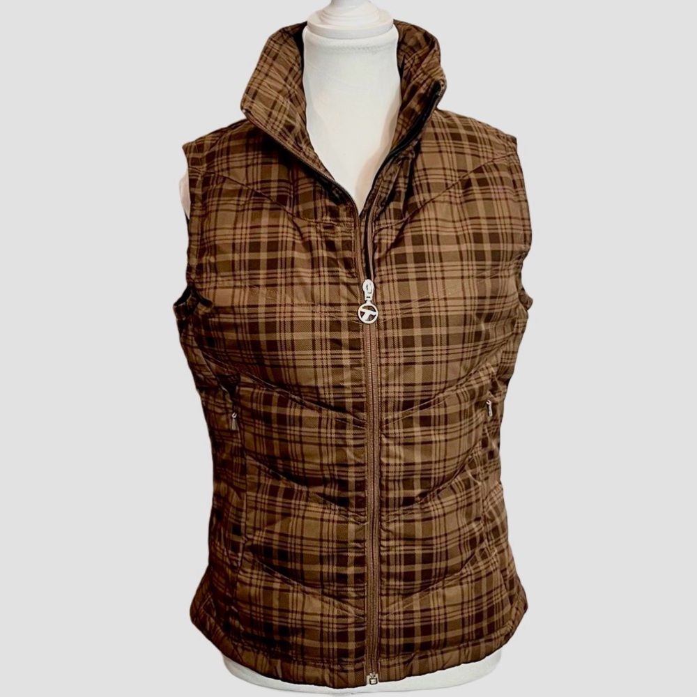 Columbia Women’s Down Titanium Puffer Vest Brown Black Plaid S Transitional Wear